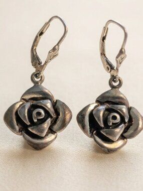 Vintage Sterling Silver Rose Dangle Earrings Thailand 925